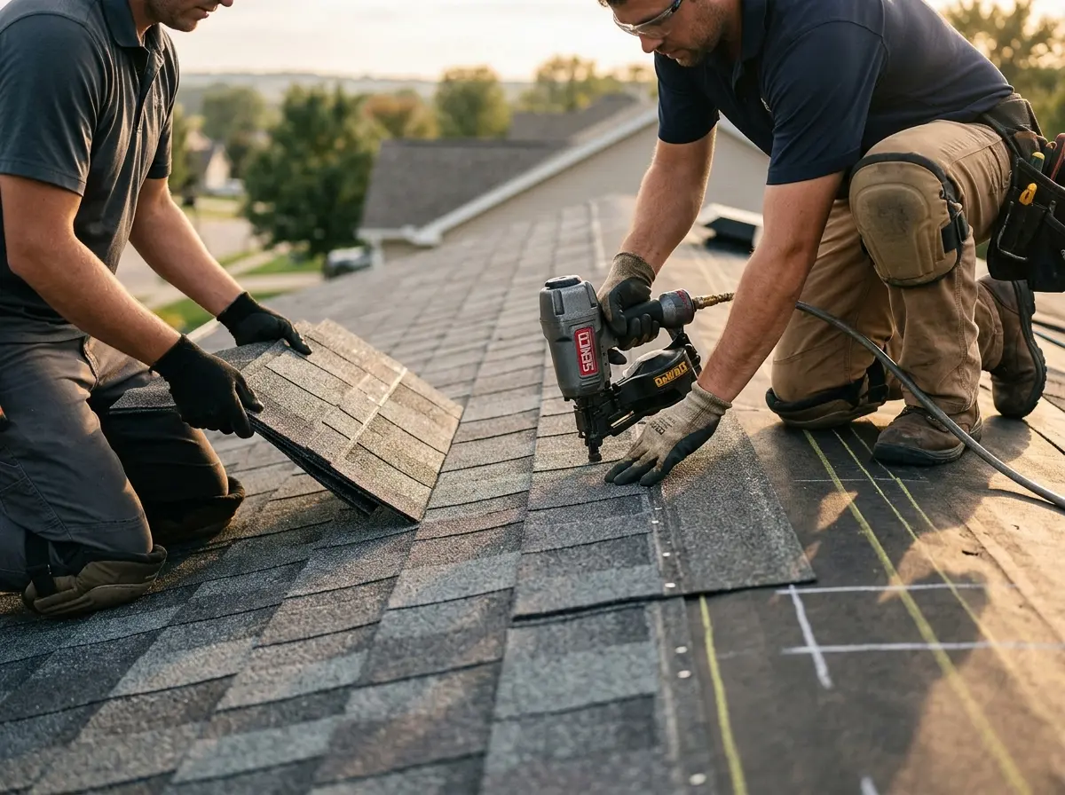 Professional roofer working on a residential roof in Robertsdale